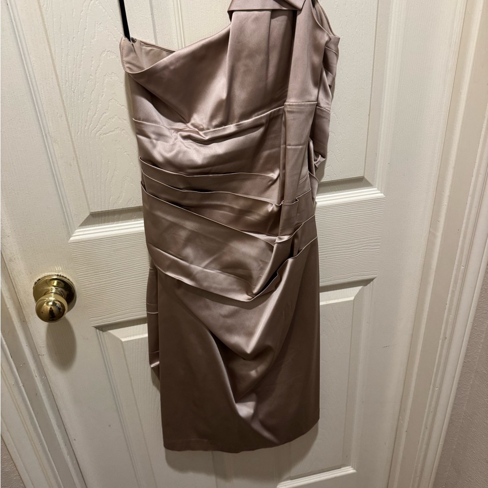 Roulette One Shoulder Satin Dress in Taupe